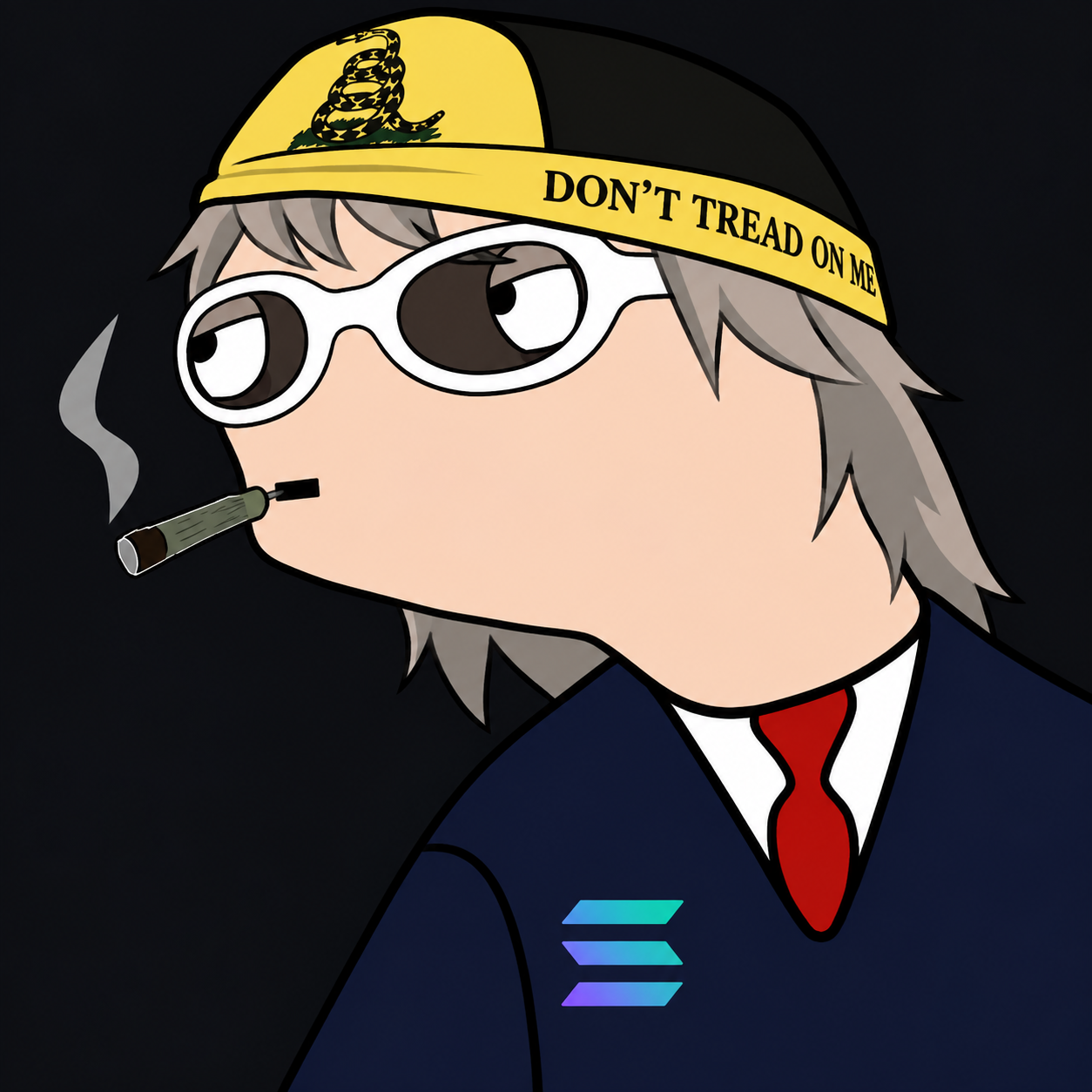 Hunter Alon in a black and yellow cap, white glasses and navy suit