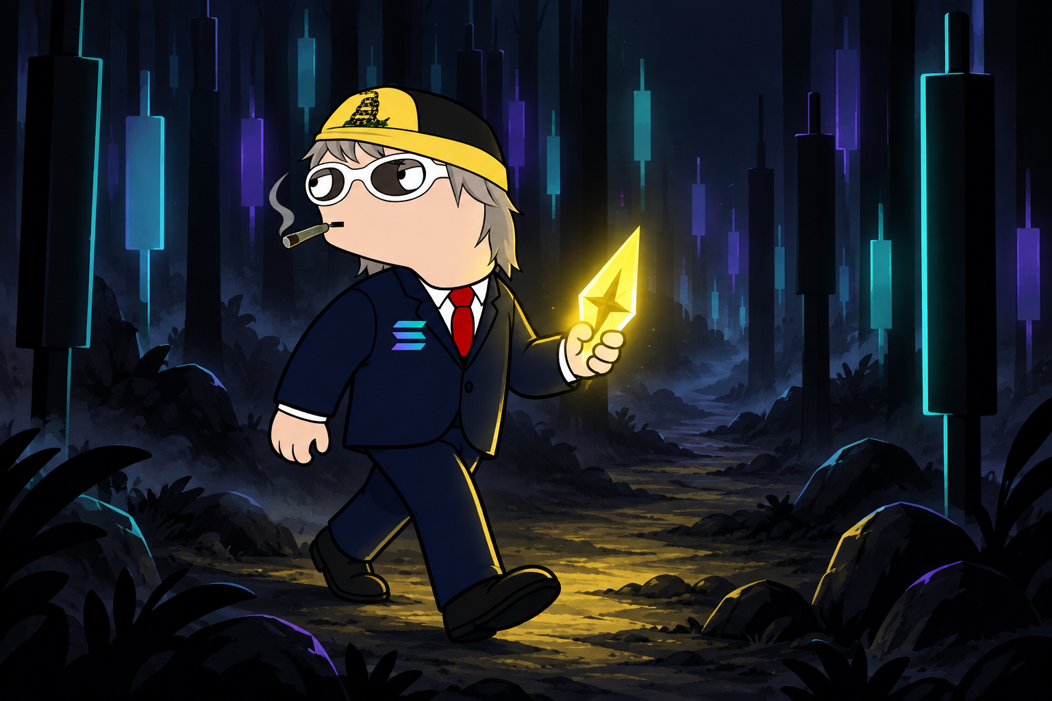 Hunter Alon walking through a midnight candlestick forest